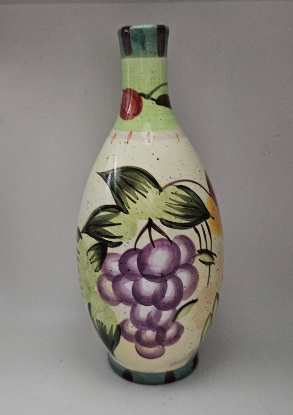 Vintage Chinese Art Pottery Vase Hand Painted Fruit Grapes Cherries Ceramic